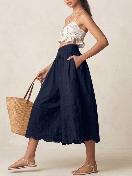 Maeve Pants - Maeve By Anthro Embroidered Skirty Culottes Eyelet Wide-Leg Dark Navy Sz M